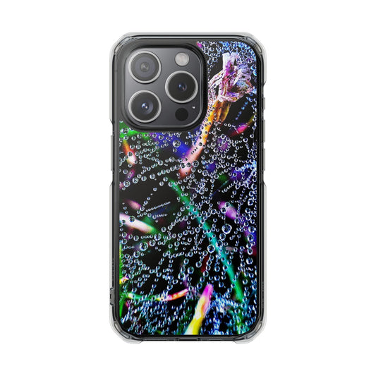 Phone case with vivid abstract design of water droplets on colorful threads and flower petals. The image glows with neon tones and surreal textures, evoking the feeling of rain meeting the electricity.